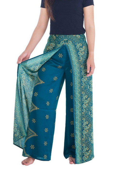 Peacock Flower Wide Legs-Wide Leg-Lannaclothesdesign Shop-Small-Teal-Lannaclothesdesign Shop