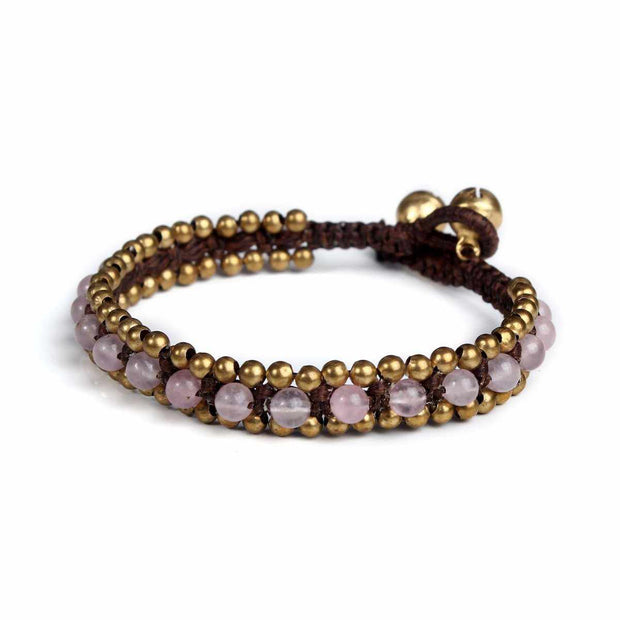 Pink Rose Quartz Beads and Brass Bells Boho Bracelet-Bracelet-Lannaclothesdesign Shop-Lannaclothesdesign Shop