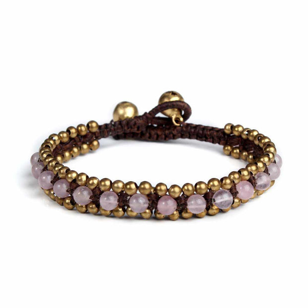 Pink Rose Quartz Beads and Brass Bells Boho Bracelet-Bracelet-Lannaclothesdesign Shop-Lannaclothesdesign Shop