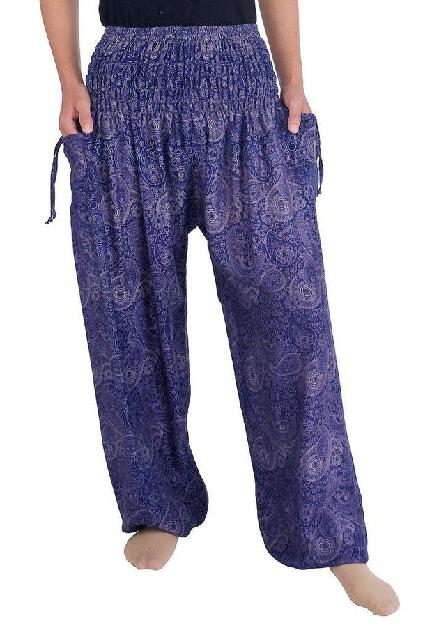 Sea Horse Harem Trousers-Smocked-Lannaclothesdesign Shop-Small-Dark Blue-Lannaclothesdesign Shop