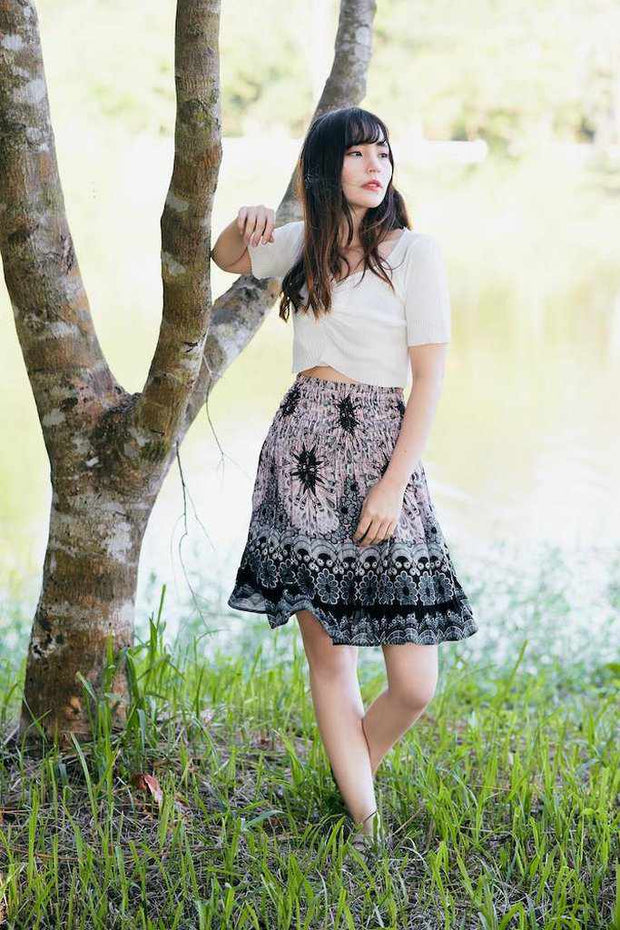 SHORT FLORAL MANDALA BOHO SKIRT-Rayon Skirt-Lannaclothesdesign Shop-Size XS/S-Black White-Lannaclothesdesign Shop