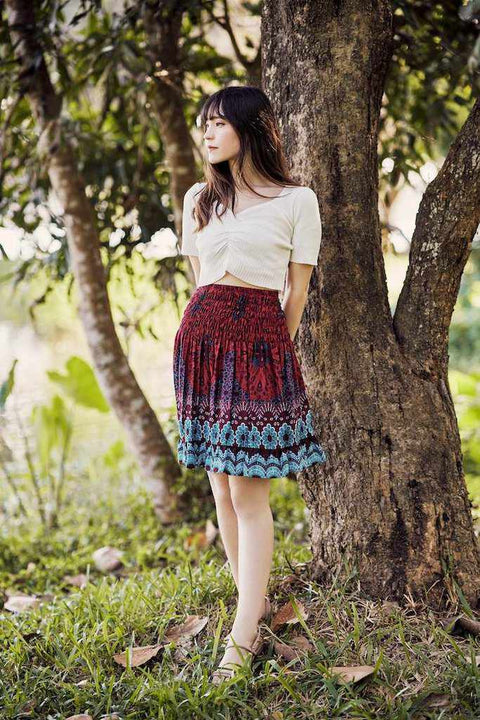 SHORT FLORAL MANDALA BOHO SKIRT-Rayon Skirt-Lannaclothesdesign Shop-Size XS/S-Burgundy-Lannaclothesdesign Shop