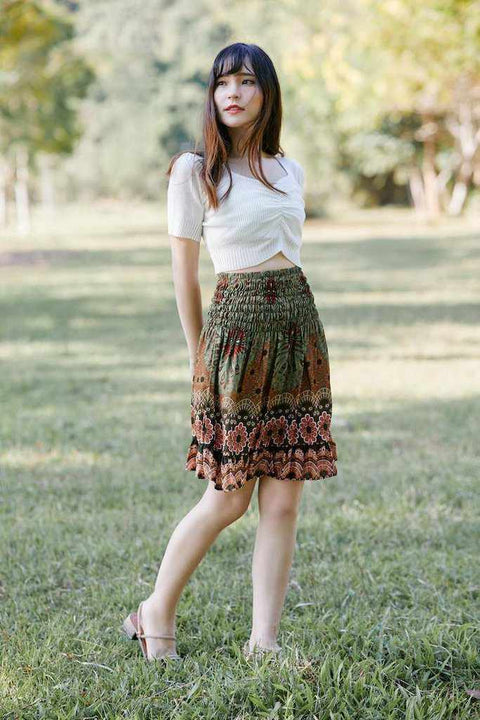 SHORT FLORAL MANDALA BOHO SKIRT-Rayon Skirt-Lannaclothesdesign Shop-Size XS/S-Green-Lannaclothesdesign Shop