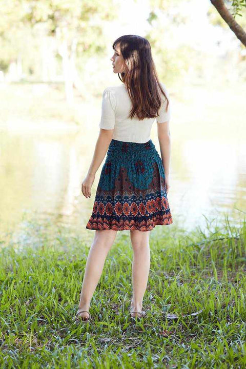 SHORT FLORAL MANDALA BOHO SKIRT-Rayon Skirt-Lannaclothesdesign Shop-Size XS/S-Teal-Lannaclothesdesign Shop