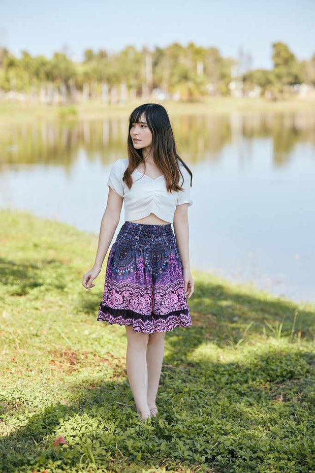SHORT MANDALA BOHO SKIRT-Rayon Skirt-Lannaclothesdesign Shop-Size XS/S-Purple-Lannaclothesdesign Shop
