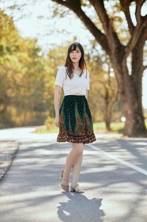 SHORT PEACOCK BOHO SKIRT-Rayon Skirt-Lannaclothesdesign Shop-Size XS/S-Green-Lannaclothesdesign Shop