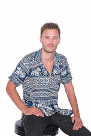 Teal Hawaiian Elephant Printed Shirt-Men Shirt-Lannaclothesdesign Shop-Small-Lannaclothesdesign Shop