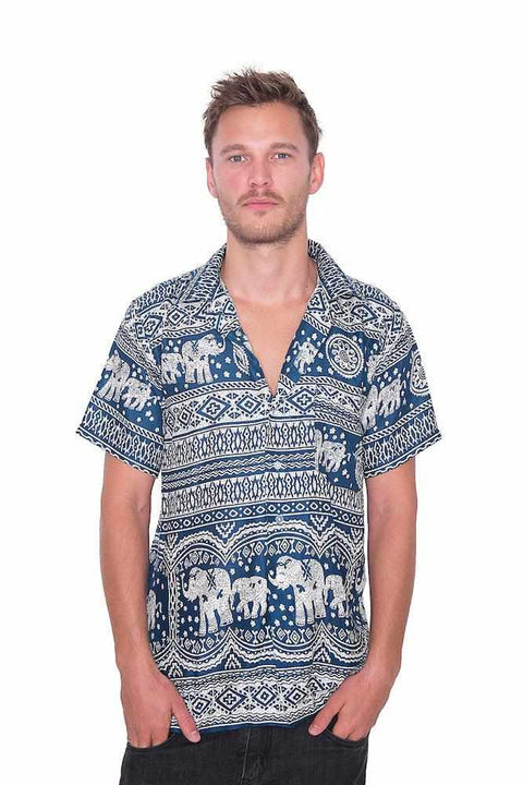 Teal Hawaiian Elephant Printed Shirt-Men Shirt-Lannaclothesdesign Shop-Small-Lannaclothesdesign Shop