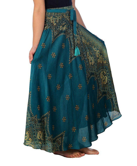 Teal Peacock Flower Long Maxi Skirt-Rayon Skirt-Lannaclothesdesign Shop-Lannaclothesdesign Shop