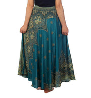Teal Peacock Flower Long Maxi Skirt-Rayon Skirt-Lannaclothesdesign Shop-Lannaclothesdesign Shop