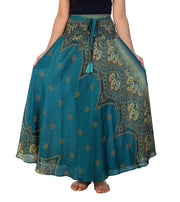 Teal Peacock Flower Long Maxi Skirt-Rayon Skirt-Lannaclothesdesign Shop-Length 37" S/M SIZE-Lannaclothesdesign Shop