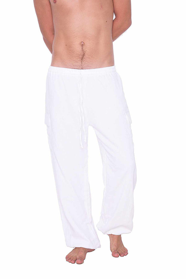 White Cotton Pants w/ Elastic Ankles-Men Pants-Lannaclothesdesign Shop-Lannaclothesdesign Shop