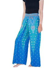 Wide Leg Pants with Peacock Design-Wide Leg-Lannaclothesdesign Shop-Lannaclothesdesign Shop