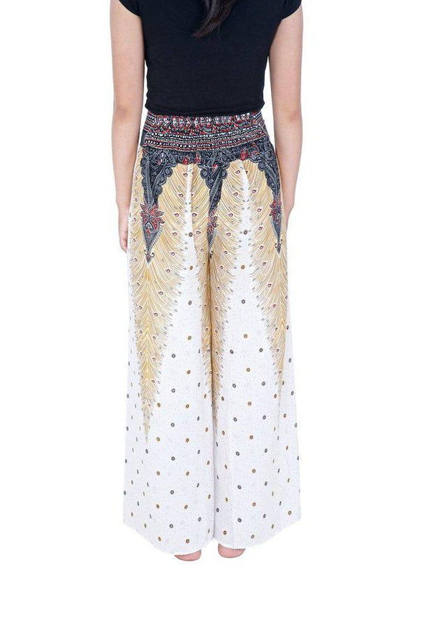 Wide Leg Pants with Peacock Design-Wide Leg-Lannaclothesdesign Shop-Lannaclothesdesign Shop