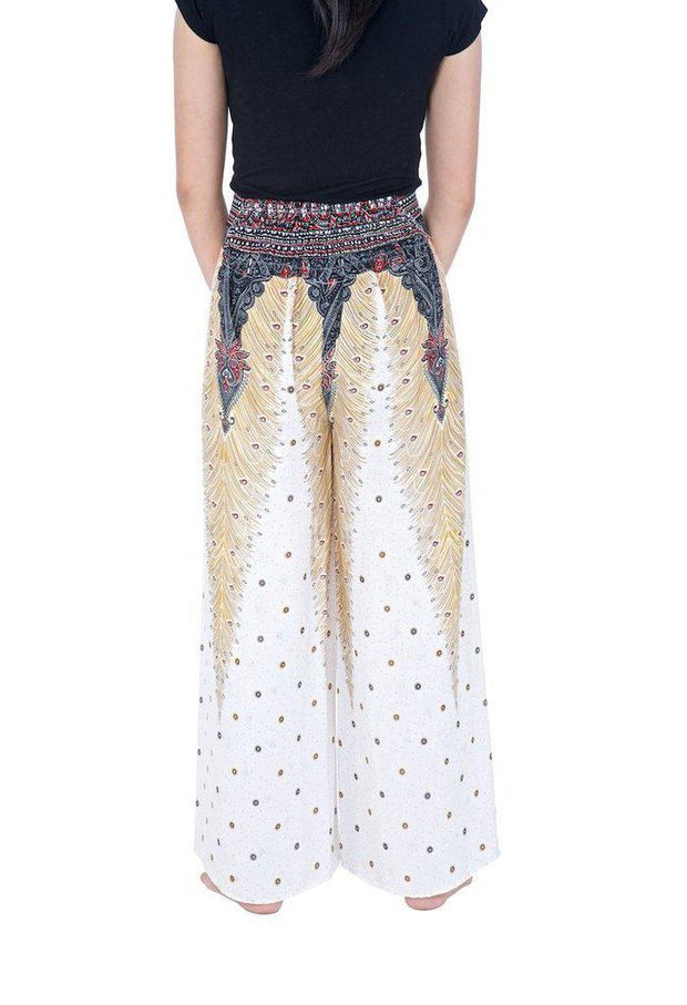 Wide Leg Pants with Peacock Design-Wide Leg-Lannaclothesdesign Shop-Lannaclothesdesign Shop