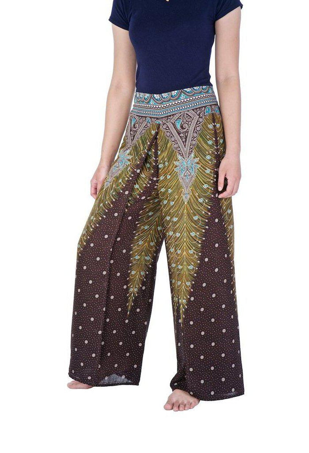 Wide Leg Pants with Peacock Design-Wide Leg-Lannaclothesdesign Shop-Lannaclothesdesign Shop