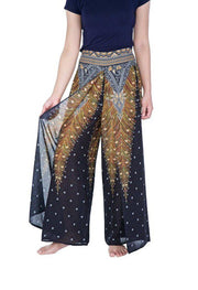 Wide Leg Pants with Peacock Design-Wide Leg-Lannaclothesdesign Shop-Small-Black-Lannaclothesdesign Shop