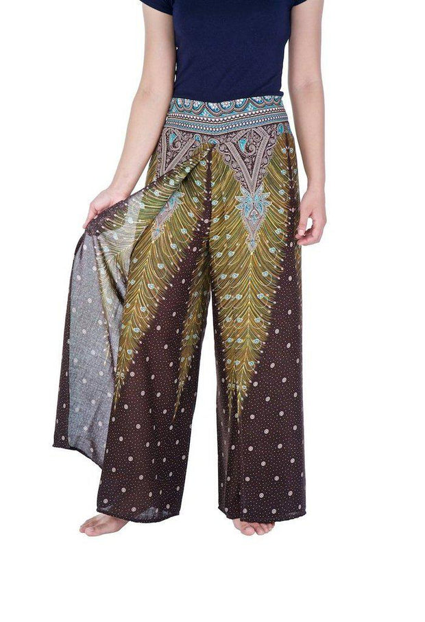 Wide Leg Pants with Peacock Design-Wide Leg-Lannaclothesdesign Shop-Small-Brown-Lannaclothesdesign Shop