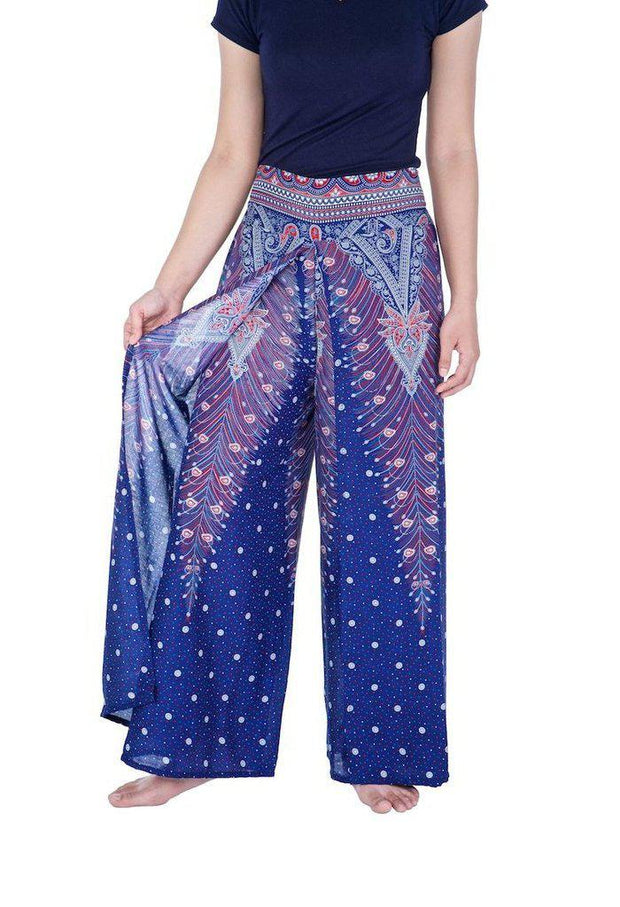 Wide Leg Pants with Peacock Design-Wide Leg-Lannaclothesdesign Shop-Small-Dark Blue-Lannaclothesdesign Shop