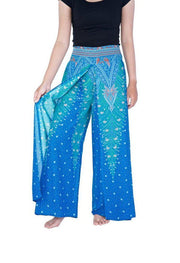 Wide Leg Pants with Peacock Design-Wide Leg-Lannaclothesdesign Shop-Small-Light Blue Green-Lannaclothesdesign Shop