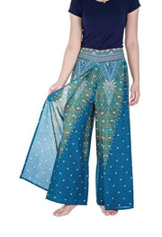 Wide Leg Pants with Peacock Design-Wide Leg-Lannaclothesdesign Shop-Small-Teal-Lannaclothesdesign Shop