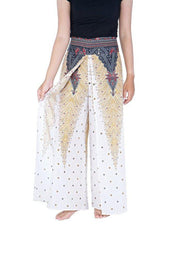 Wide Leg Pants with Peacock Design-Wide Leg-Lannaclothesdesign Shop-Small-White-Lannaclothesdesign Shop