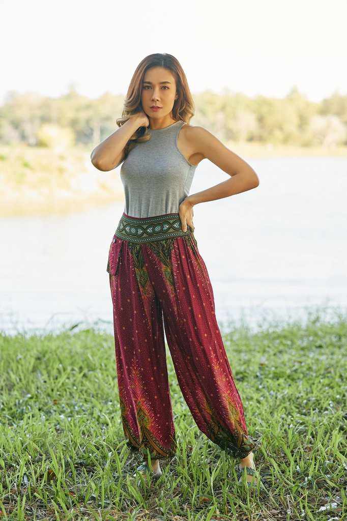 Women Burgundy Harem Pants - Lannaclothesdesign Shop