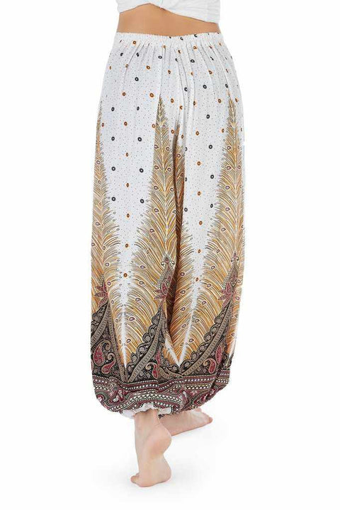 Women White Harem Pants - Peacock-Jenny Pants-Lannaclothesdesign Shop-Lannaclothesdesign Shop