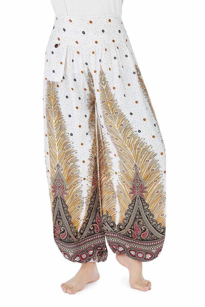 Women White Harem Pants - Peacock - Lannaclothesdesign Shop
