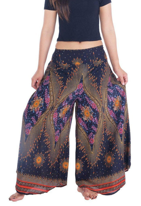 Womens Lounge Palazzo Pants Flower Eye-Palazzo-Lannaclothesdesign Shop-Small-Black-Length 37"-Lannaclothesdesign Shop