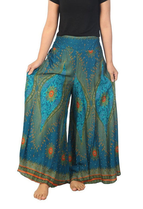 Womens Lounge Palazzo Pants Flower Eye-Palazzo-Lannaclothesdesign Shop-Small-Teal-Length 37"-Lannaclothesdesign Shop