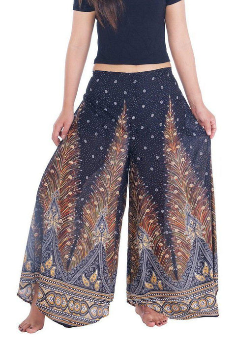 Womens Peacock Design Palazzo Pants-Palazzo-Lannaclothesdesign Shop-Small-Black-Length 37"-Lannaclothesdesign Shop