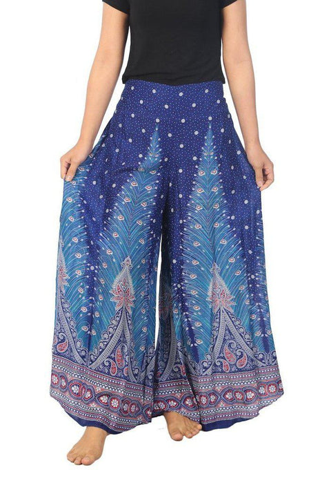 Womens Peacock Design Palazzo Pants-Palazzo-Lannaclothesdesign Shop-Small-Blue-Length 37"-Lannaclothesdesign Shop