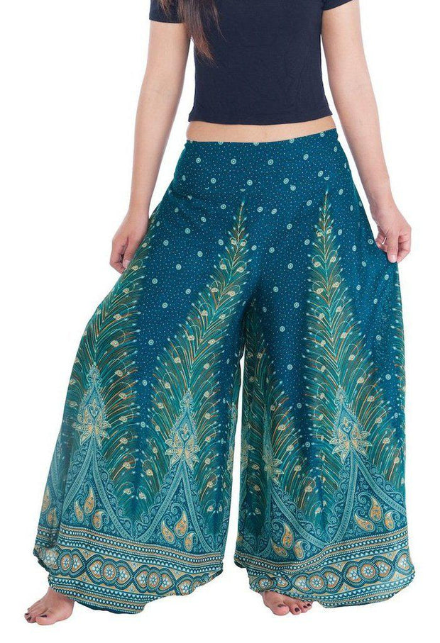 Womens Peacock Design Palazzo Pants-Palazzo-Lannaclothesdesign Shop-Small-Teal-Length 37"-Lannaclothesdesign Shop